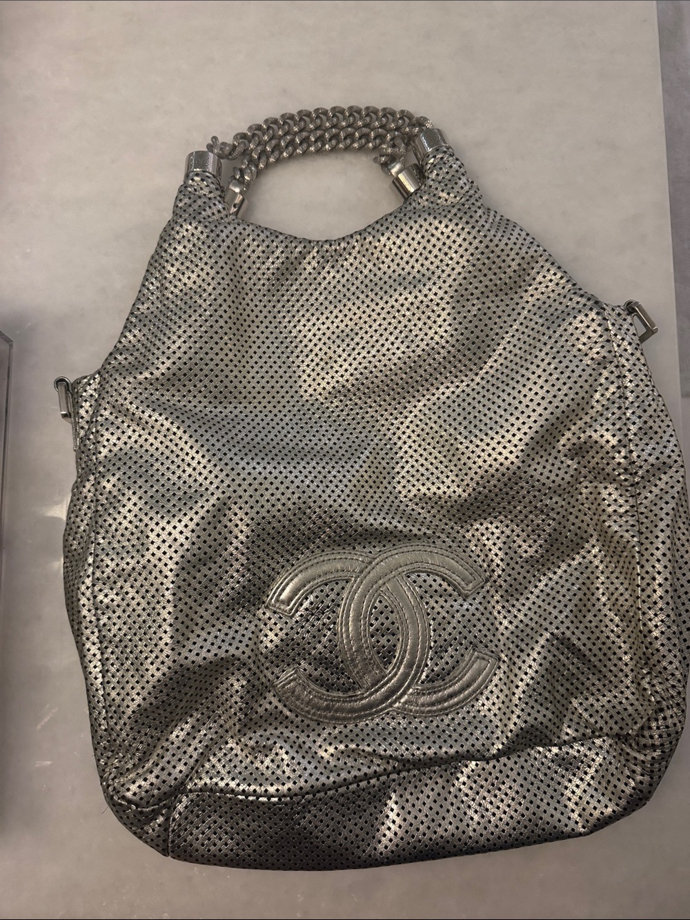 CHANEL Silver Perforated Chain-Handle Shoulder Bag